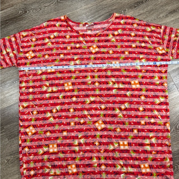 NWT Lularoe Irma Blouse Red/Pink stripes with Geometric Yellow sz: L - Picture 3 of 4
